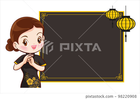Pretty Chinese girl in mandarin gown with Chinese new year festival with space frame Pretty Chinese girl in mandarin gown with Chinese new year festival with space frame 98220908