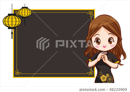 Pretty Chinese girl in mandarin gown with Chinese new year festival with space frame 98220909