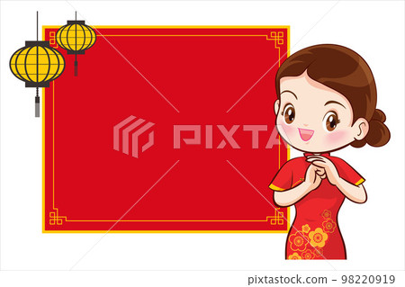 Pretty Chinese girl in mandarin gown with Chinese new year festival with space frame Pretty Chinese girl in mandarin gown with Chinese new year festival with space frame 98220919