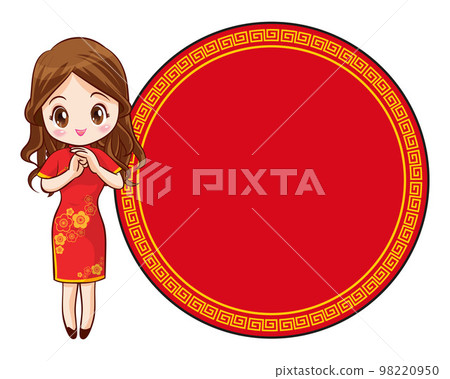 Pretty Chinese girl in mandarin gown with Chinese new year festival with space frame Pretty Chinese girl in mandarin gown with Chinese new year festival with space frame 98220950