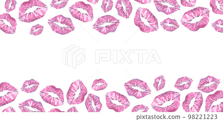 Lipstick prints in the form of kisses in pink on a white background. Watercolor illustration. Horisontal template from a large VALENTINE's DAY set. For decoration and design of fabric, packaging paper Lipstick prints in the form of kisses in pink on a white background. Watercolor illustration. Horisontal template from a large VALENTINE's DAY set. For decoration and design of fabric, packaging paper 98221223
