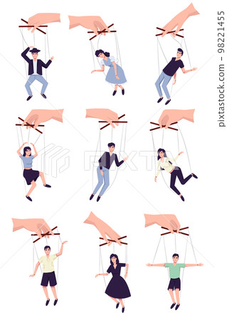 Set of people hang on ropes. Puppeteer and puppets. Characters being controlled by master, domination or authority Linear flat vector illustration 98221455