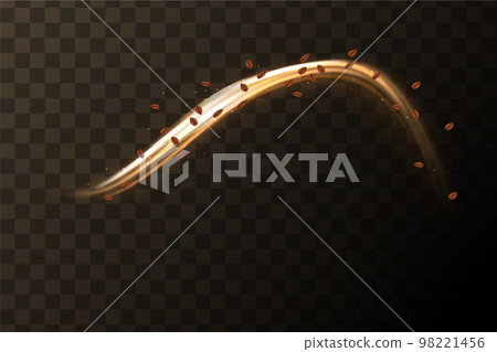 Abstract wind swirls with gold leaves and sparkles isolated. Realistic vector illustration set isolated on transparent background. 98221456