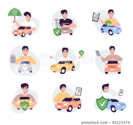 Car insurance coverage concept. Automobile protection, security, safety set. People protecting car with insurance and signing form with red auto. 98221478