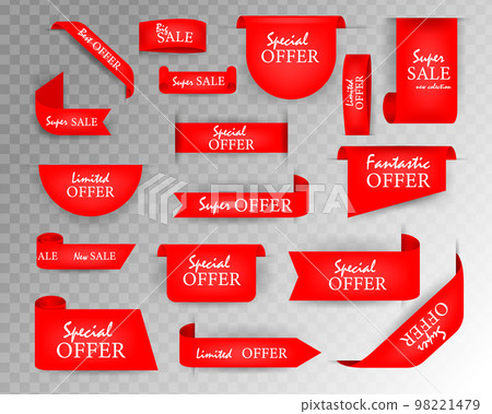 Collection of Offer Tags. Ribbon sale banners isolated. Red Discount Labels Collection of Offer Tags. Ribbon sale banners isolated. Red Discount Labels 98221479