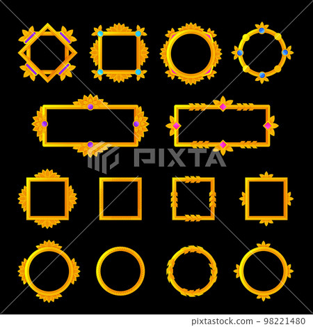 Game frame vector set, avatar UI fantasy RPG gold border, medieval ancient facecam menu, red green gem. Frames with colorful gemstones. Vector illustration 98221480