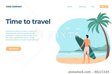 Travel concept. Male character standing on beach and holding surfboard. Man on vacation practicing extreme sport vector 98221585