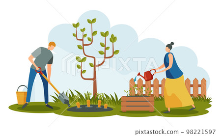 People characters working in garden. Man digging carrot with shovel, woman watering plants. Young couple growing harvest 98221597