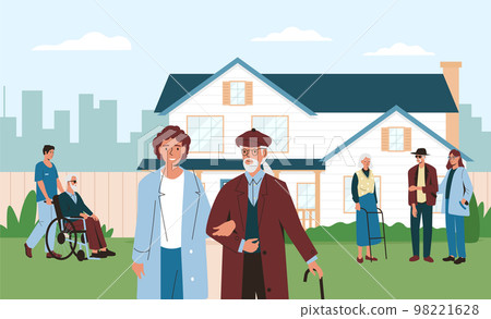 Nursing home center for retired people. Building exterior with garden where old people walking with medical workers Nursing home center for retired people. Building exterior with garden where old people walking with medical workers 98221628