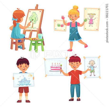 Drawing children, kid illustrator. Chill boys and girls painting and holding pictures. Character sitting on chair 98221701