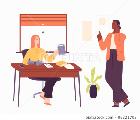 Disabled woman working at desk. Female character having hand prosthesis sitting at office. Man talking on phone 98221702