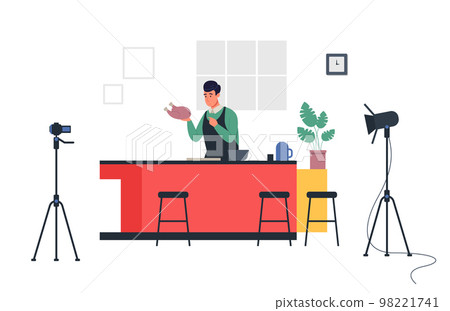 Cooking blogger. Male chef making food online in front of cameras. Character streaming and teaching how to prepare chicken Cooking blogger. Male chef making food online in front of cameras. Character streaming and teaching how to prepare chicken 98221741
