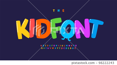 Kid font cartoon letters joyful alphabet. Childish playful color typographic design. Regular uppercase glared type. Vector typography 98222243