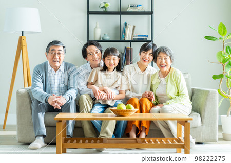 Three-generation family relaxing in the living room Three-generation family relaxing in the living room 98222275