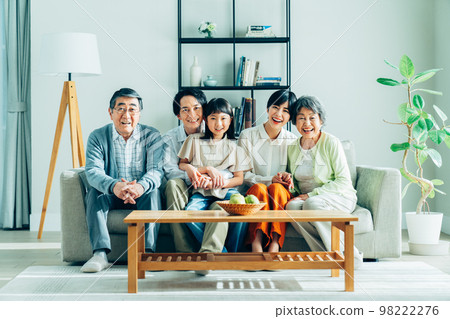 Three-generation family relaxing in the living room Three-generation family relaxing in the living room 98222276