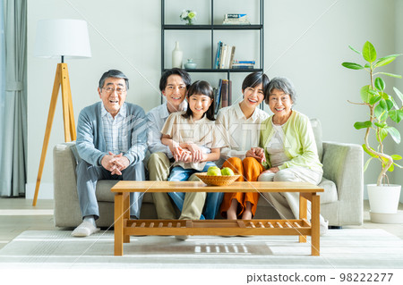 Three-generation family relaxing in the living room Three-generation family relaxing in the living room 98222277