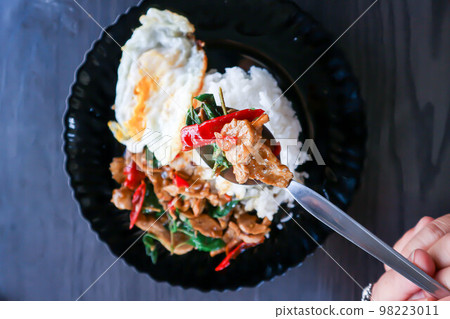 stir fried pork with chili, holy basil and rice with sunny side up egg stir fried pork with chili, holy basil and rice with sunny side up egg 98223011