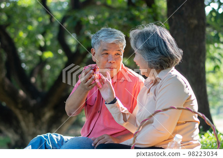 Happy old elderly couple spouses relaxing and sitting on a blanket in the park and sharing few precious memories. Senior couple having great time together on a picnic. concept of mature relationships 98223034
