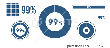 99% percentage infographic set. Ninety-nine circle diagram, pie donut chart, progress bar. 99 percent loading data icon. Vector concept collection. 98223259