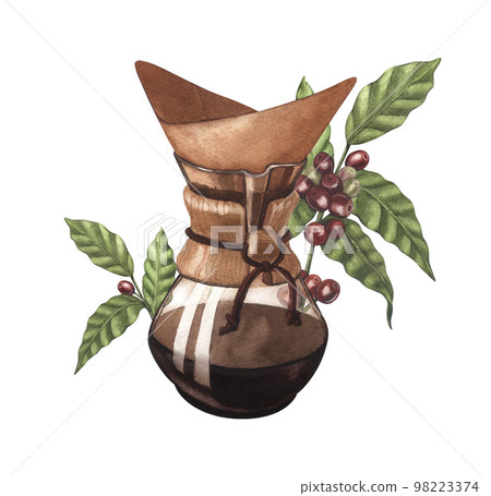 Vintage glass original coffee glass maker with hot brown beverage and red coffee arabica beans on branch with berries. Chemex coffee maker hand-drawn illustration isolated on white background. Vintage glass original coffee glass maker with hot brown beverage and red coffee arabica beans on branch with berries. Chemex coffee maker hand-drawn illustration isolated on white background. 98223374