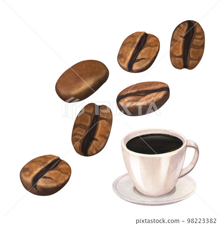 Watercolor roasted brown coffee beans and coffee cup. Natural hand-drawn illustration isolated on white background. Perfect food menu, concept for cafe, restaurant element, recipe, cooking graphics 98223382