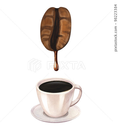 Watercolor roasted coffee beans with splash of coffee and coffee cup.Hand-drawn illustration liquid brown water of falling isolated on white background. Perfect food menu, concept for cafe,restaurant Watercolor roasted coffee beans with splash of coffee and coffee cup.Hand-drawn illustration liquid brown water of falling isolated on white background. Perfect food menu, concept for cafe,restaurant 98223384