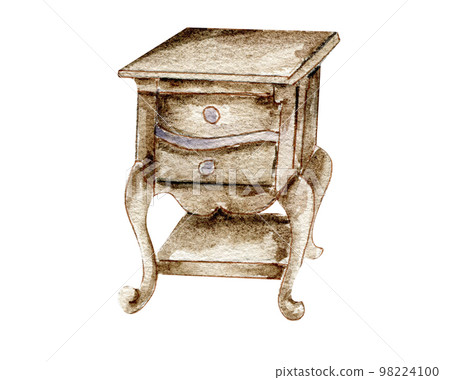 Watercolor illustration of an old wooden furniture . An old rusty enamel element. Hand-drawn in watercolour on a white background. Perfect for wedding invitation, greetings card, posters. Watercolor illustration of an old wooden furniture . An old rusty enamel element. Hand-drawn in watercolour on a white background. Perfect for wedding invitation, greetings card, posters. 98224100
