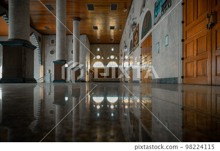 Perspective interior view of the corridor at balcony of the building beautiful mosque. Perspective interior view of the corridor at balcony of the building beautiful mosque. 98224115
