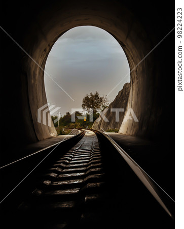 Inside the railroad tunnel and railways with natural light at the end. Light at the end of the tunnel, Lights and shadows, Concept of achieving your goals, 98224223