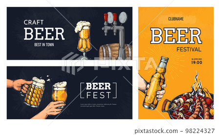 Beer festival poster, glass cups and bottles with beverage. Vintage oktoberfest or bbq party invitation flyer, hand toast, barbecue grill. Web banner template. Vintage style vector illustration 98224327