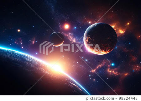 abstract space landscape with planets and flashes of stars and comets in blue and red colors 98224445