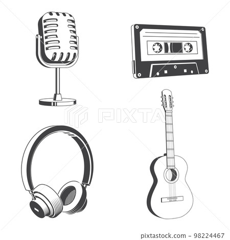 Retro music equipment Icons. Set include classical acoustic guitar, headphones, microphone, classical audio cassette tape. For t shirt, emblem, logo, badge design. Vector illustration. Equipment for Retro music equipment Icons. Set include classical acoustic guitar, headphones, microphone, classical audio cassette tape. For t shirt, emblem, logo, badge design. Vector illustration. Equipment for 98224467