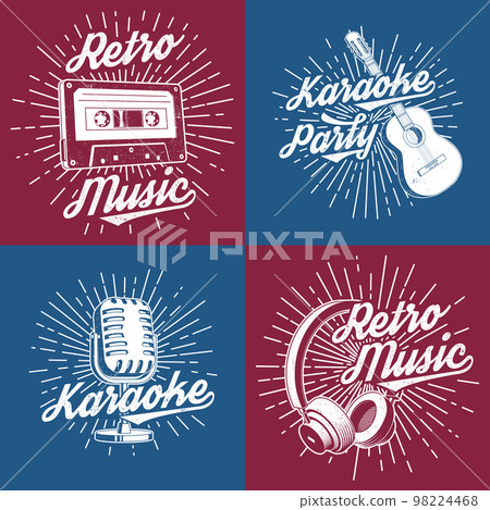 Retro music poster, banner. Retro microphone, headphones, audio cassette, classical acoustic guitar with sunburst vintage typography design for t shirt, emblem, logo, badge design. Vector illustration Retro music poster, banner. Retro microphone, headphones, audio cassette, classical acoustic guitar with sunburst vintage typography design for t shirt, emblem, logo, badge design. Vector illustration 98224468