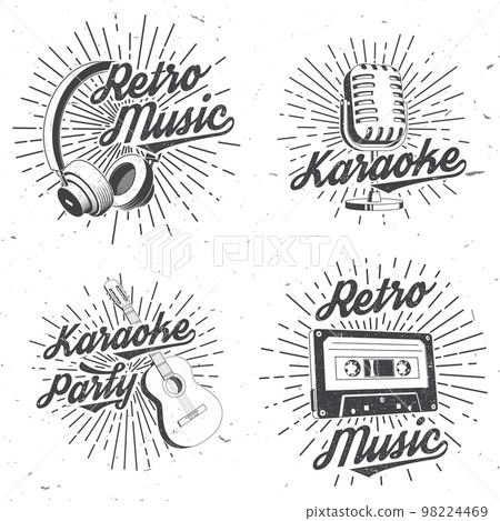 Retro music poster, banner. Retro microphone, headphones, audio cassette, classical acoustic guitar with sunburst vintage typography design for t shirt, emblem, logo, badge design. Vector illustration 98224469