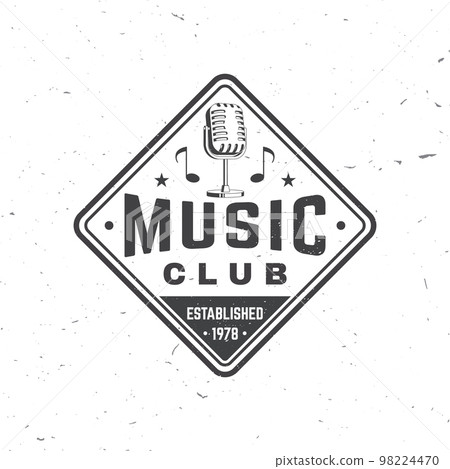 Music club logo, badge, label. Retro poster, banner with microphone, vintage typography design for t shirt, emblem, logo, badge design. Vector illustration. Equipment for listening and recording sound Music club logo, badge, label. Retro poster, banner with microphone, vintage typography design for t shirt, emblem, logo, badge design. Vector illustration. Equipment for listening and recording sound 98224470