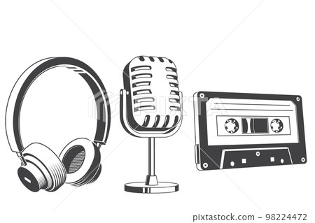 Retro music equipment Icons. Set include classical audio cassette tape, headphones, microphone. For t shirt, emblem, logo, badge design. Vector illustration. Equipment for listening and recording 98224472