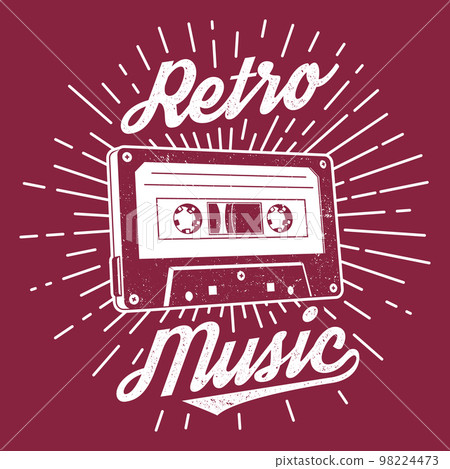 Retro music poster, banner. Retro Audio cassette tape with sunburst vintage typography design for t shirt, emblem, logo, badge design. Vector illustration Retro music poster, banner. Retro Audio cassette tape with sunburst vintage typography design for t shirt, emblem, logo, badge design. Vector illustration 98224473
