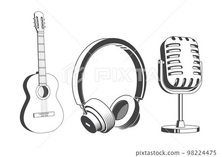 Retro music equipment Icons. Set include classical acoustic guitar, headphones, microphone. For t shirt, emblem, logo, badge design. Vector illustration. Equipment for listening and recording sound Retro music equipment Icons. Set include classical acoustic guitar, headphones, microphone. For t shirt, emblem, logo, badge design. Vector illustration. Equipment for listening and recording sound 98224475