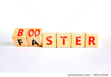 Booster and faster symbol. Concept word Booster Faster on wooden cubes. Beautiful white table white background. Business booster and faster concept. Copy space. Booster and faster symbol. Concept word Booster Faster on wooden cubes. Beautiful white table white background. Business booster and faster concept. Copy space. 98224560