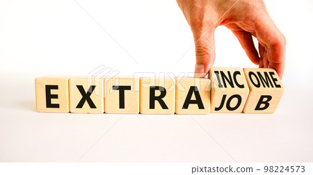 Extra job and income symbol. Concept words Extra job Extra income on wooden cubes. Businessman hand. Beautiful white table white background. Business extra job and income concept. Copy space. Extra job and income symbol. Concept words Extra job Extra income on wooden cubes. Businessman hand. Beautiful white table white background. Business extra job and income concept. Copy space. 98224573