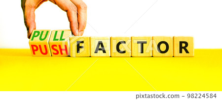 Pull or push factor symbol. Concept word Pull factor and Push factor on wooden cubes. Beautiful yellow table white background. Businessman hand. Business pull or push factor concept. Copy space. 98224584