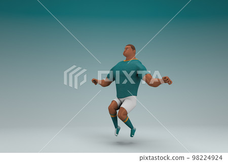 An athlete wearing a green shirt and white pants is jumping. 3d rendering of cartoon character in acting. An athlete wearing a green shirt and white pants is jumping. 3d rendering of cartoon character in acting. 98224924