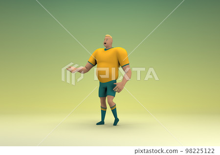 An athlete wearing a yellow shirt and green pants is expression of hand when talking. 3d rendering of cartoon character in acting. 98225122
