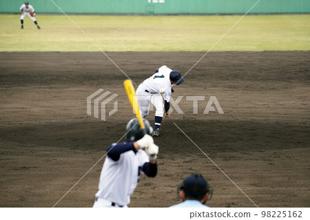 A right-handed pitcher pitching to a right-handed batter (high school baseball) A right-handed pitcher pitching to a right-handed batter (high school baseball) 98225162
