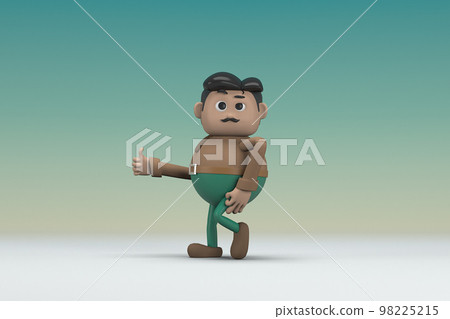 The man with mustache wearing a brown long shirt green pants. He is expression of body and hand when talking. 3d rendering of cartoon character in acting. The man with mustache wearing a brown long shirt green pants. He is expression of body and hand when talking. 3d rendering of cartoon character in acting. 98225215