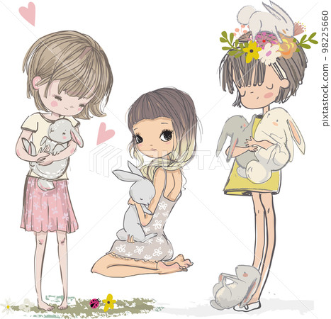 cute cartoon lovely girls with hares cute cartoon lovely girls with hares 98225660