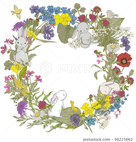 cute floral frame with cartoon little hares cute floral frame with cartoon little hares 98225662