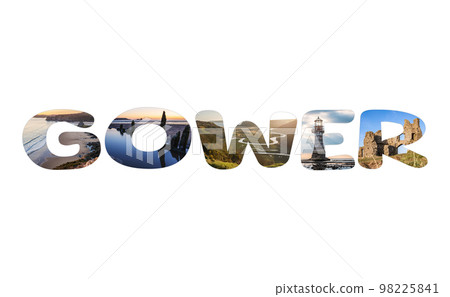 Gower sign with the Beautiful Gower Peninsula Sights and Landmarks photos, isolated collage on white background. Wales, United Kingdom. 98225841