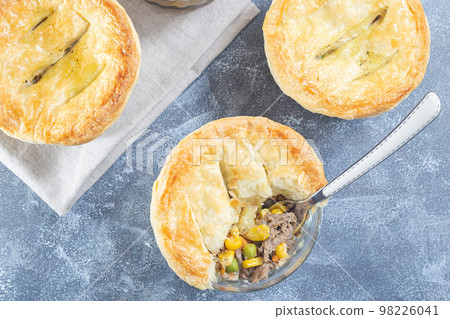 Small beef pot pie or deep dish pie in ramekin, crust broken open, horizontal, top view 98226041