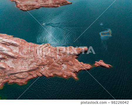 Aerial top view of lake Powell and Glen Canyon in Arizona. Lake Powell National Park Landscape. Aerial top view of lake Powell and Glen Canyon in Arizona. Lake Powell National Park Landscape. 98226042